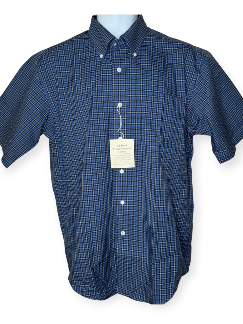 LL Bean Men’s Wrinkle Resistant Button-Up Shirt M Regular Navy Blue Plaid NWT
